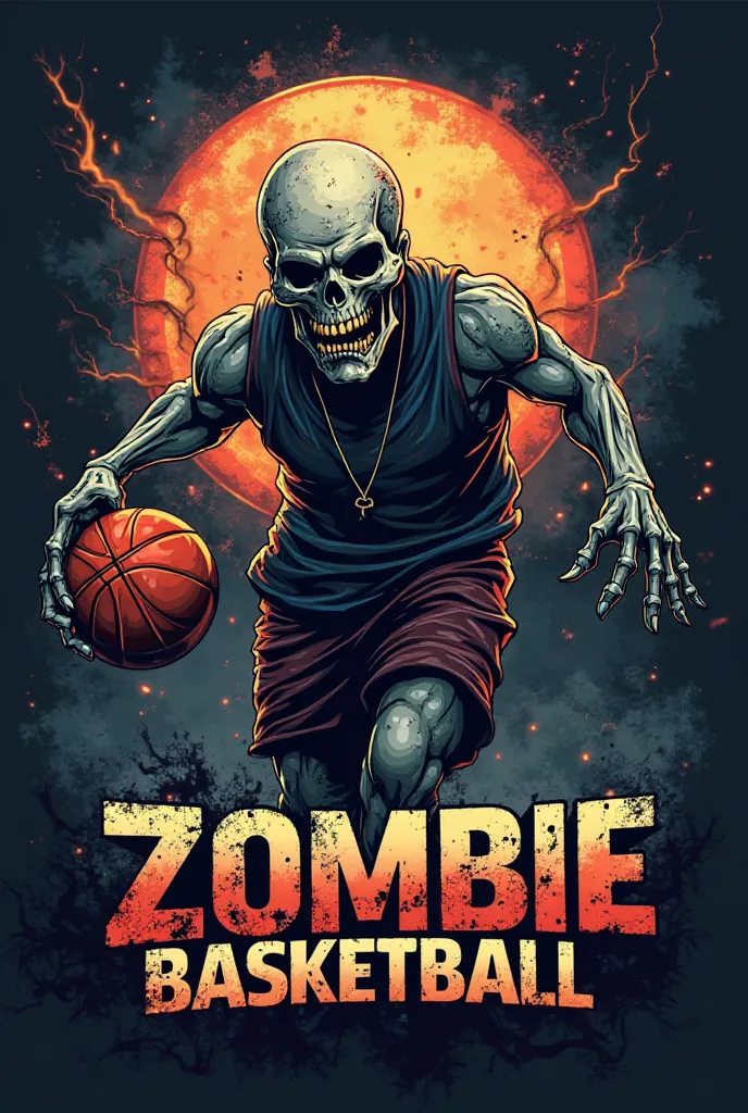 a mascot logo vector design of zombie skull playing basketball, ball at the back, thunder, write the text : ZOMBIE BASKETBALL, bold destroyed sport font style, color the design, black background 