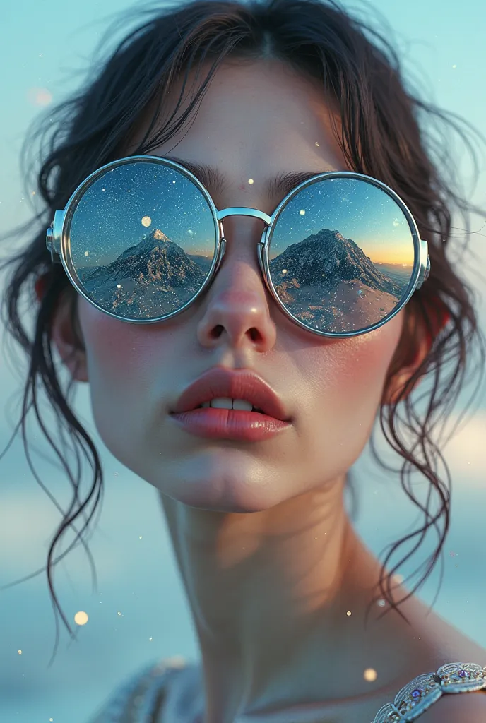 The model is wearing glass sunglasses with stars and the moon on the glass