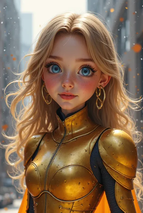 
In the Disney style of chirping, 1 girl , eyes : blue, Golden armor: 1.2, Elon Gated Years: 0.8), (city New York: 1.5,  arms:  Energy Blade ), (fantasy setting: 1.2,  natural light: 1.5, confident look), ( Panorama : 1.2),,  smile, angle, , chrome, born
