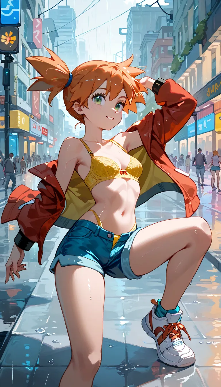 Character Misty_pokemon , Orange Hair, Big green eyes,Small breasts ,Skinny .pokemon. yellow bra, navel, Blue short . Red and white sneakers, dancing, rain