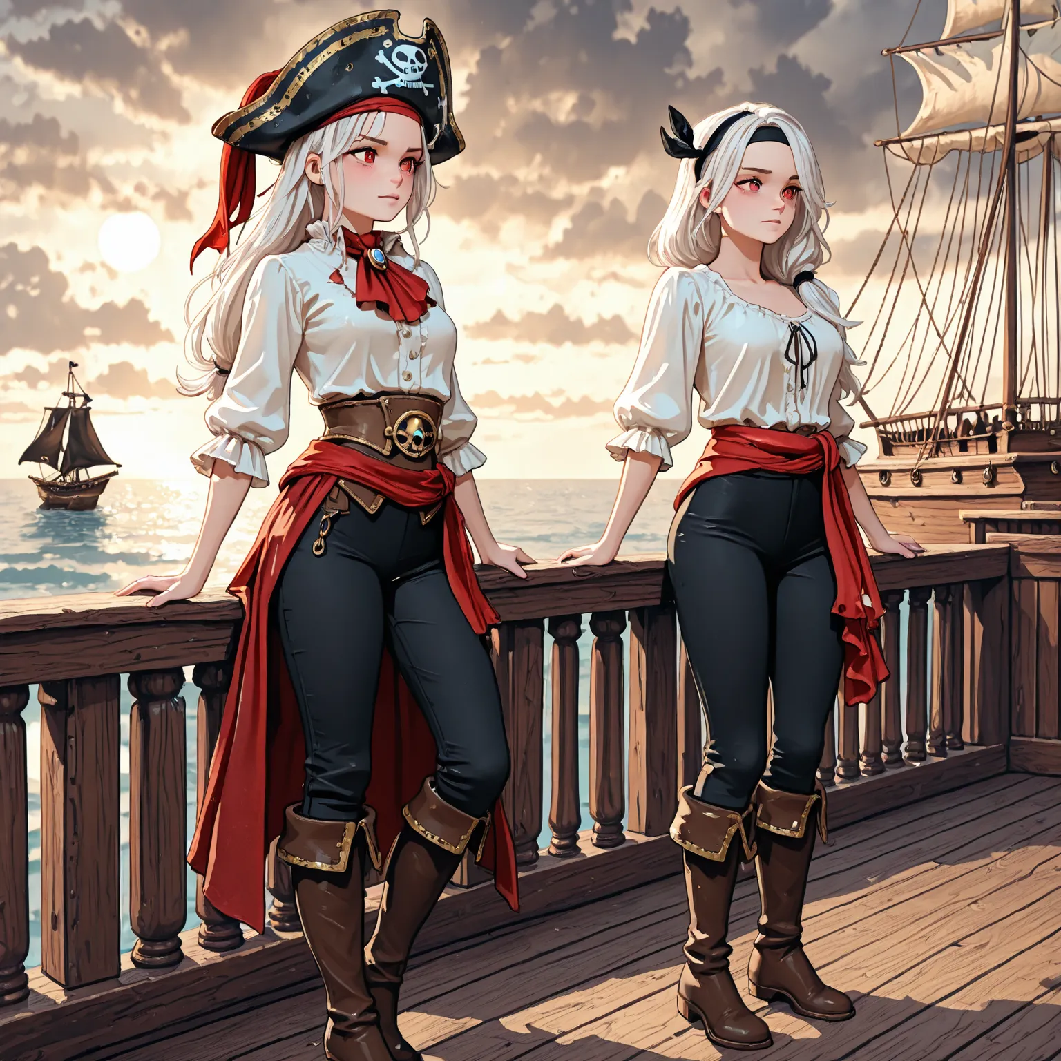 Female, Beautiful tied-up White hair, blushy face, Red eyes, Make up, Red eye shadow,  Pirate hat, Pirate clothing, Standing on a Pirate ship