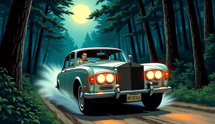 a rools royce silver shadow gray from 1970 speeding trough forest at mid night comic book style,with a elvis looking driver wearing a cream suit