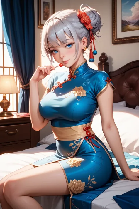 Silver hair, blue eyes、long hair、 big breasts、Qipao、bedroom、Girl in a seductive pose、I want you to make your cheeks flush and pinch the hem of your skirt