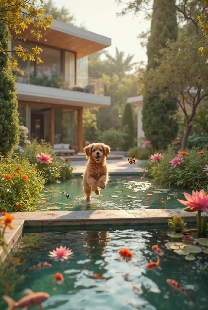 Create a high-quality, realistic video featuring a cute dog playfully chasing bees and butterflies in a lush, vibrant garden of a luxurious villa. The villa should exude elegance with modern architecture, large glass windows, and a romantic, serene atmosph...