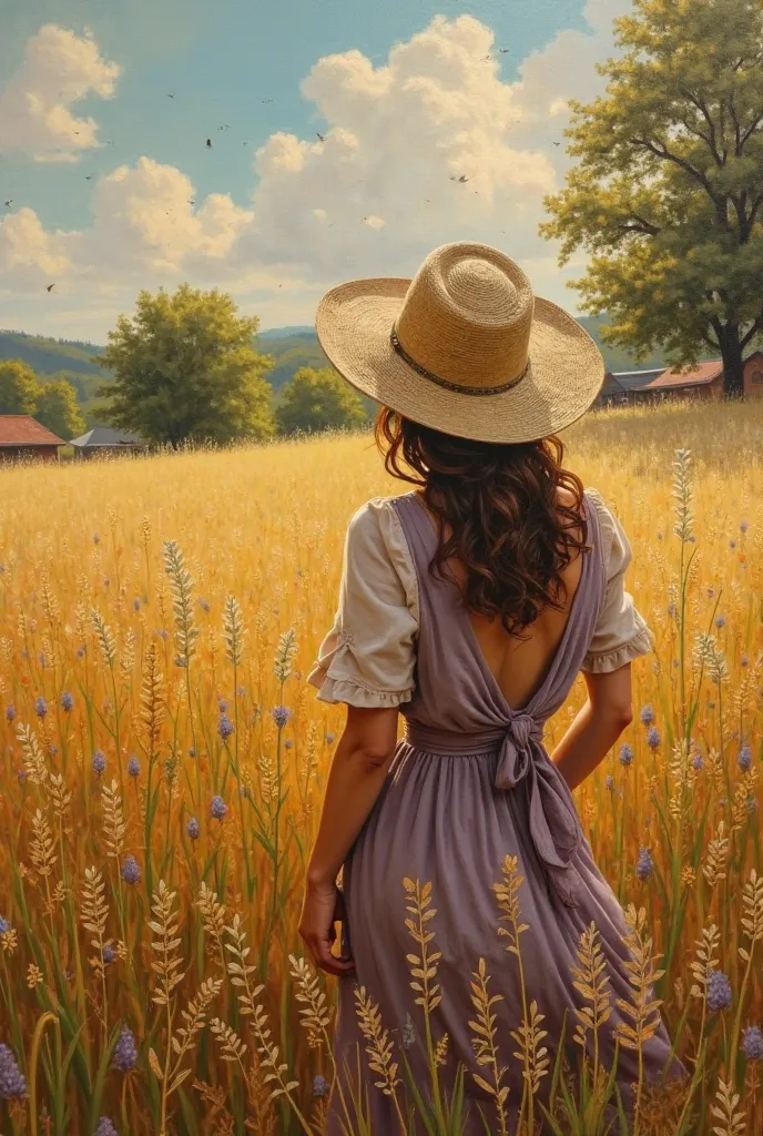 A detailed picture of a beautiful rural scene, High quality sweat, realistic photo,  Enchanting lighting , Great oil painting,  straw hat Bright colors , Strong contrast , Sharp focus,  high saturation , Beautiful back hole