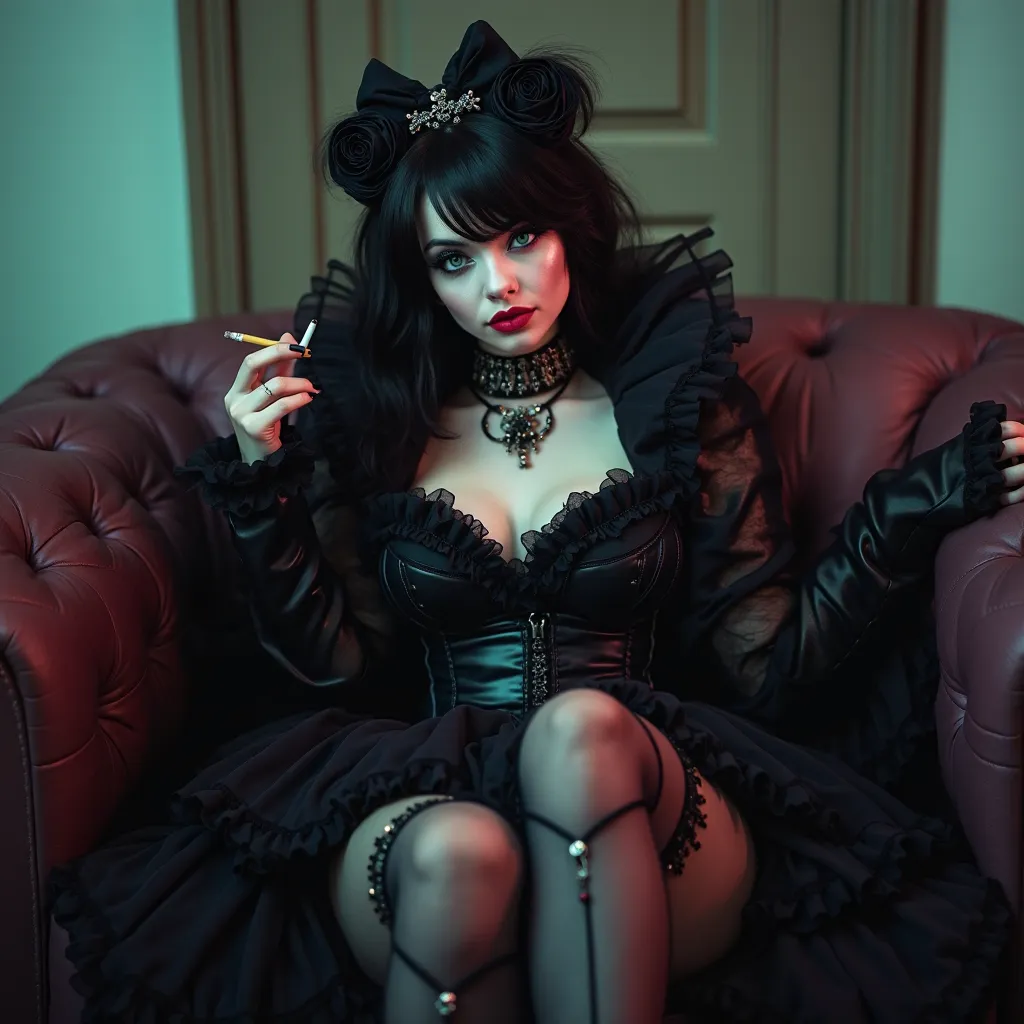 A tall, thick, and sexy 1 girl, with black hair, teal blue eyes, and pale and white skin. Wearing shiny frilly black Gothic clothes. Smoking a cigarette and sitting on a sofa with her legs crossed. Red plump lips. Long lashes, long boots. Corset. Two legs,...