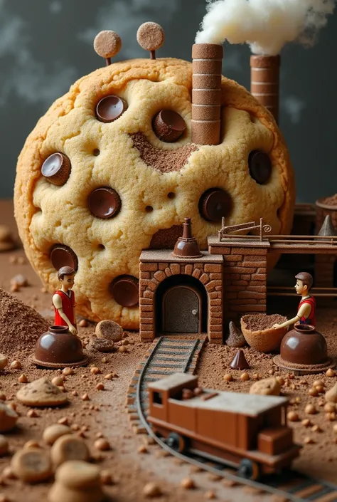 "A giant chocolate chip cookie transformed into a factory, where tiny workers operate candy conveyor belts. Cookie crumbs are shoveled into carts, and chocolate chips are melted down in tiny kettles. Steam rises from caramelized sugar vents as a sugar-dust...