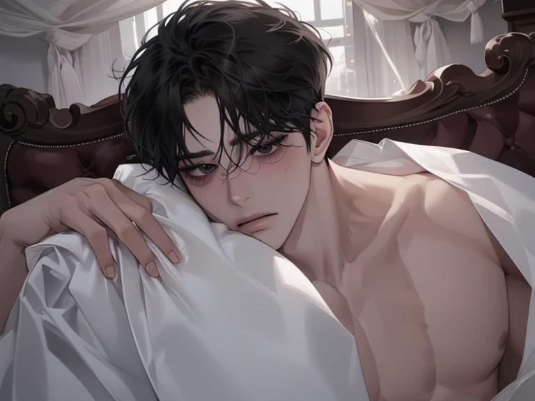 male, solo, adult, pale_skin, fair_skin, muscular, tall,black hair, No decoration, (swept bangs), black eyes, tsurime, sanpaku, slanted_eyes, expressionless, illustration, upper_body, ((naked)), Slightly_open_mouth, light_blush, sweat, heavy_breathing, lyi...