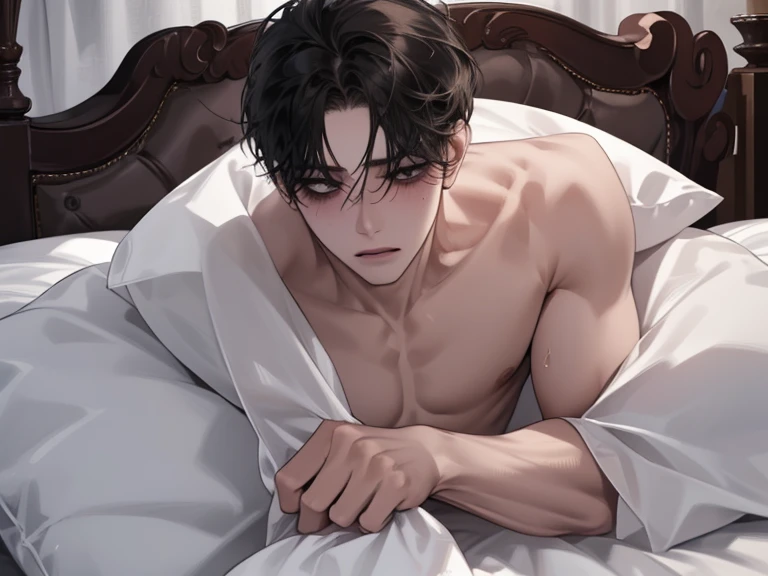 male, solo, adult, pale_skin, fair_skin, muscular, tall,black hair, No decoration, (swept bangs), black eyes, tsurime, sanpaku, slanted_eyes, expressionless, illustration, upper_body, ((naked)), Slightly_open_mouth, light_blush, sweat, heavy_breathing, lyi...