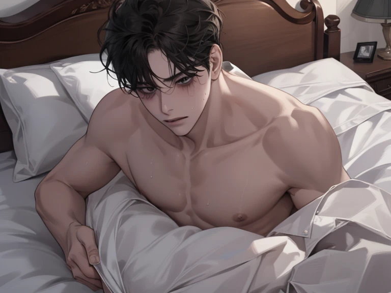 male, solo, adult, pale_skin, fair_skin, muscular, tall,black hair, No decoration, (swept bangs), black eyes, tsurime, sanpaku, slanted_eyes, expressionless, illustration, upper_body, ((naked)), Slightly_open_mouth, light_blush, sweat, heavy_breathing, lyi...