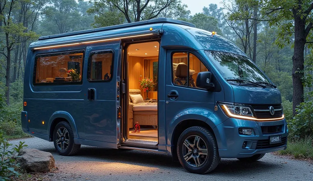 2026 model now motorhome full blue color luxury homes full   back view open doors  open sitting tiny house now  just tiny house now motorhome 