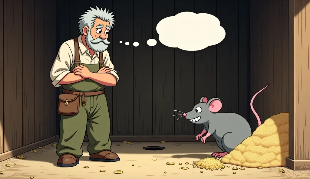 (Highest quality, masterpiece, High resolution)、4K Anime Art、Soft Light, A middle aged hardworking farmer standing inside his wooden storage shed with a thoughtful expression. Above his head is a thought bubble, and inside it, a sneaky brown rat is shown s...