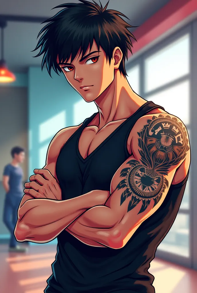 A hot highschool guy,tattoo on his right arm,well build body,cool,anime style