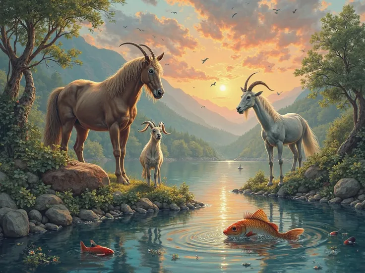 Create an inspirational drawing of a goat, a fish, catfish and a horse. (Only one animal from each) They are on a paradisiacal lake with lots of trees and a beautiful sunset