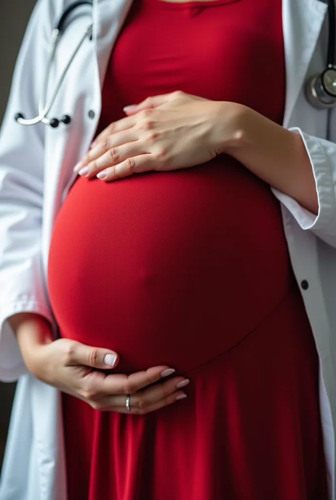 Belly of a pregnant woman, only the belly covered by a red garment, male hands holding the belly, behind the person. The male arm with a lab coat. Only the belly and the hands, representing a pregnancy and a male doctor holding the belly. The man in the la...