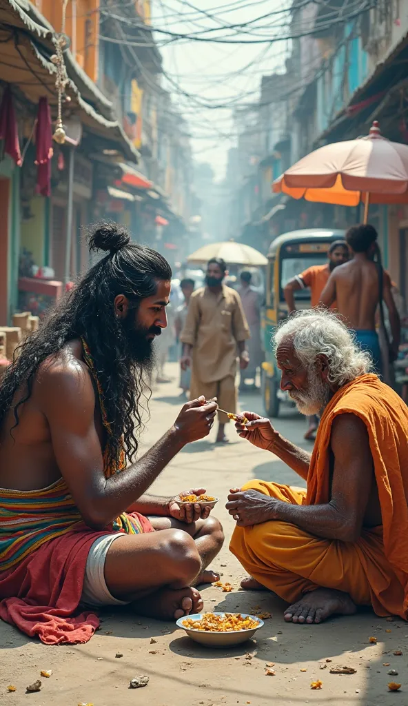 Lord Shiva sitting on an Indian street and eating food with a poor old man