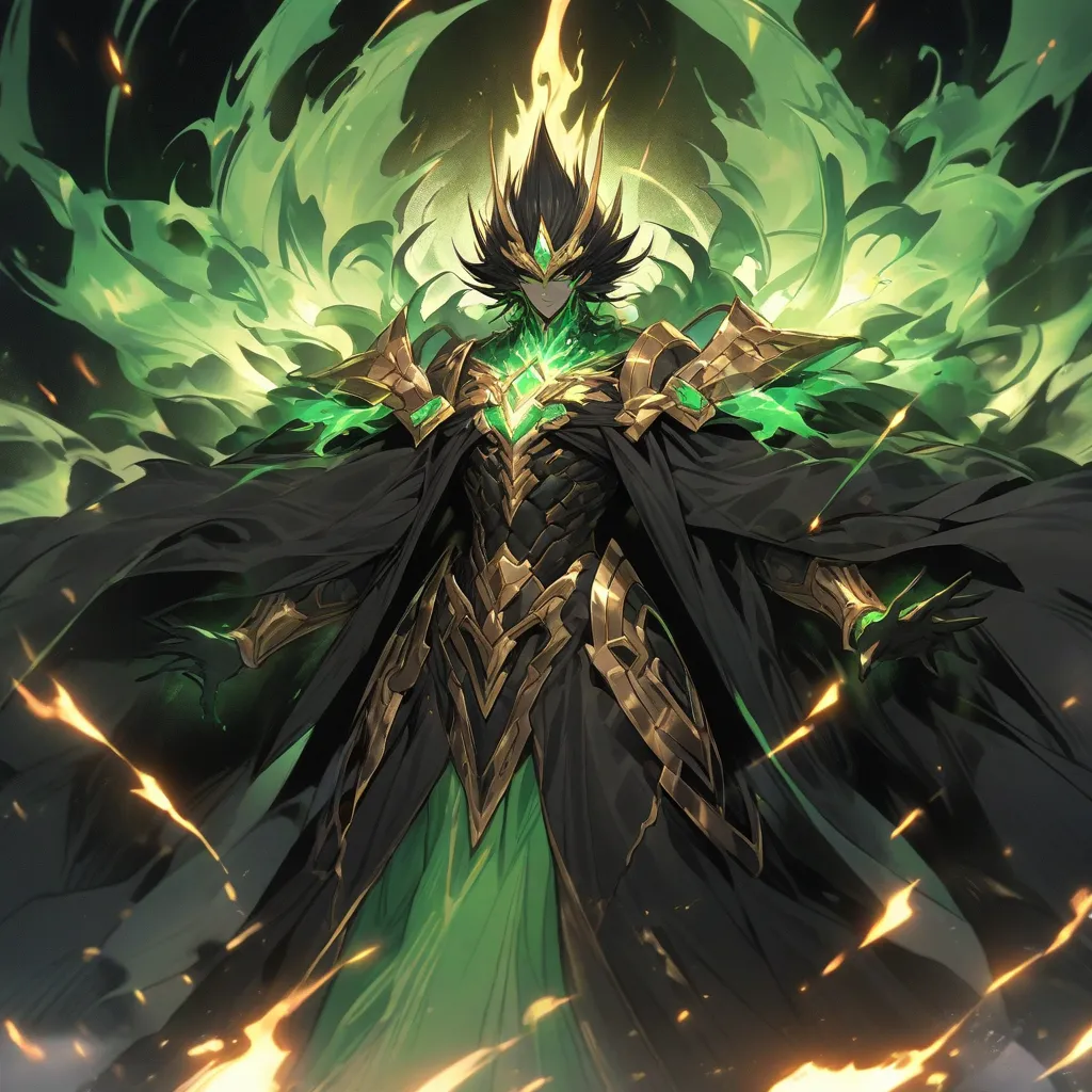 Pyron’s humanoid form is a tall, imposing man with long, flowing black hair streaked with glowing green embers. His eyes burn like molten emeralds, radiating an intense, otherworldly presence. His skin is a deep bronze, with faint, glowing fissures that pu...