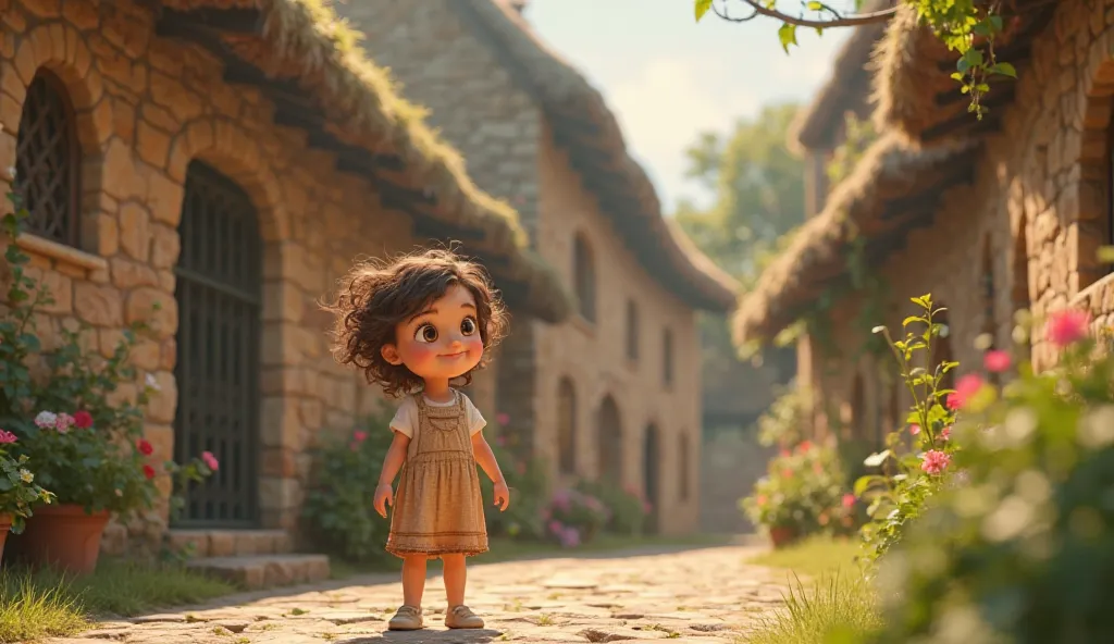 Sophia's Introduction

"A young girl with curly brown hair and a bright smile stands on a stone pathway, wearing a simple dress, her eyes full of curiosity as she looks around her village.