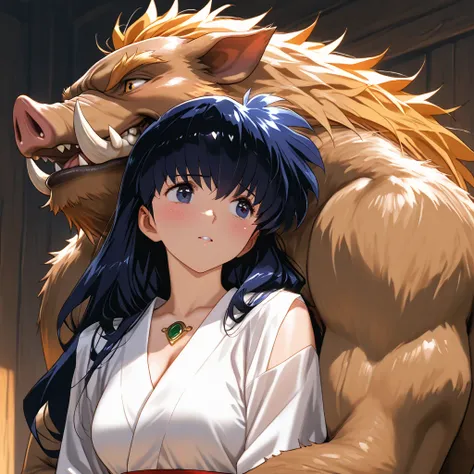 ((Best Quality)), ((masterpiece)), (Details), （perfect face）、Higurashi Kagome, who has excellent proportions, wears a gorgeous kimono and is dressed with gorgeous jewelry accessories, surrenders herself sincerely and happily to a boar monster man wearing a...