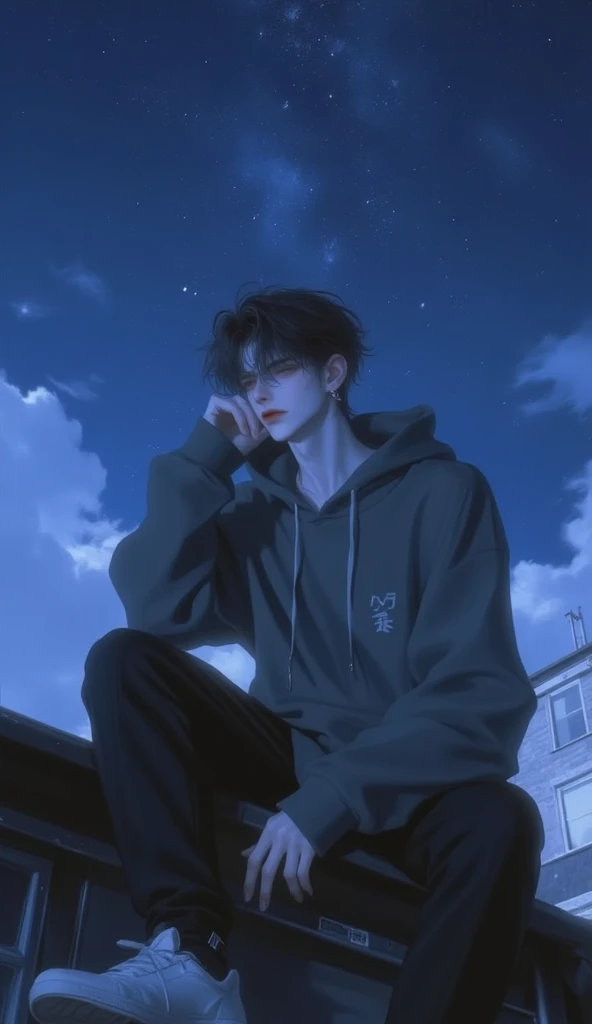 A handsome young man sitting alone on a rooftop under the stars, deep in thought. His posture is relaxed, but his eyes reveal an inner world of emotions he keeps hidden. He wears a slightly oversized hoodie, creating a sense of comfort and protection. The ...