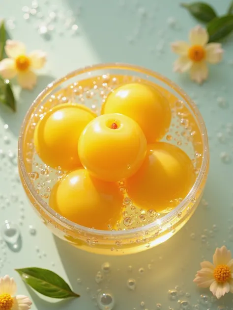 Top view of yellow pickled plum in a glass bowl sparkling water