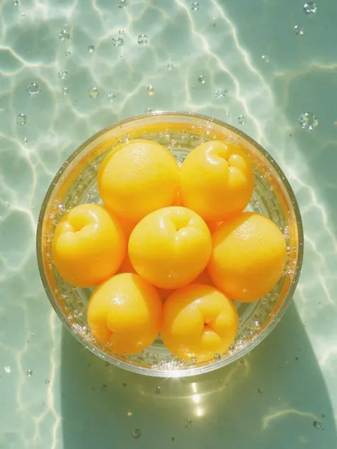 Top view of yellow pickled plum in a glass bowl sparkling water