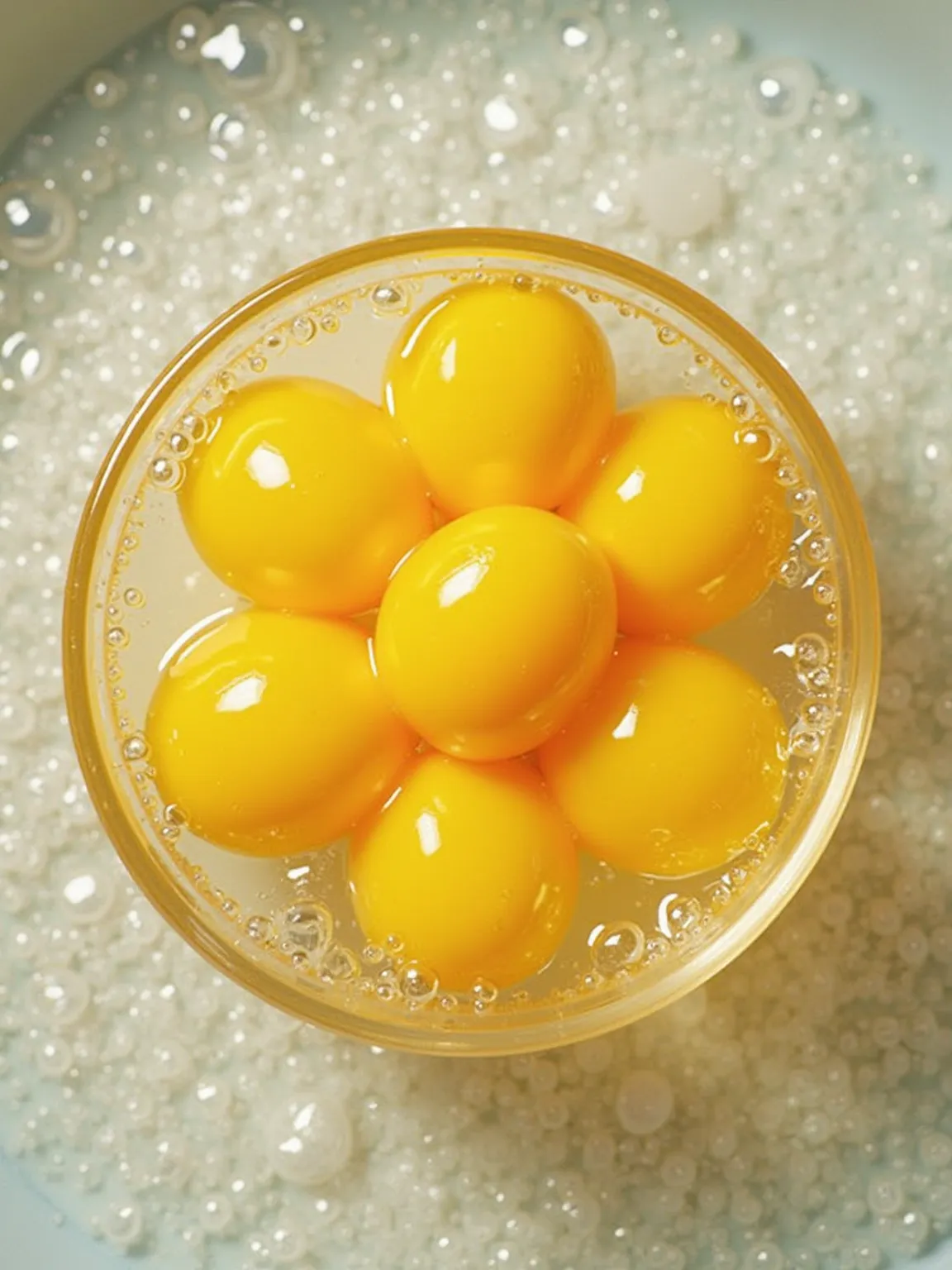 Top view of yellow pickled plum in a glass bowl sparkling water