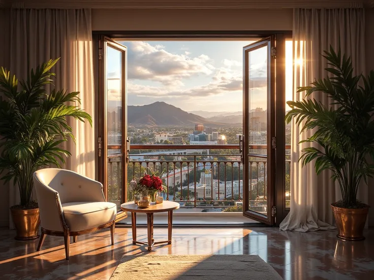 Balcony, The window opens., Five-star hotel , Luxury Hotel , daytime,  Early Morning , Las Vegas, images, Masterpiece, movies, clear details, 8K resolution, front view.