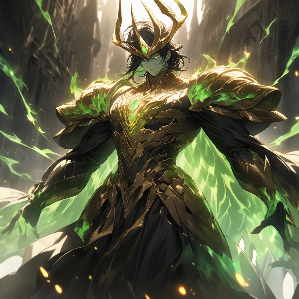 Pyron’s humanoid form is a tall, imposing man with long, flowing black hair streaked with glowing green embers. His eyes burn like molten emeralds, radiating an intense, otherworldly presence. His skin is a deep bronze, with faint, glowing fissures that pu...