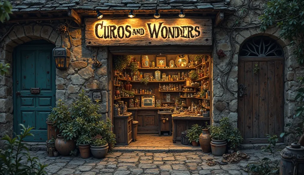 Discovery of the Shop

"A mysterious, dimly lit shop tucked away in a quiet alley, its wooden sign reading 'Curios and Wonders,' with dusty windows filled with strange trinkets and exotic objects."