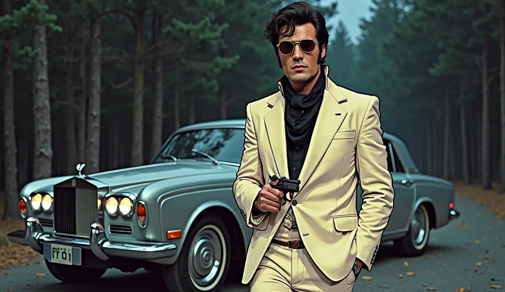  a elvis looking driver wearing a cream suit, balck silk scarf , brown gucci glasses, holding a revolver in his right hand, standing in front of a rools royce silver shadow gray from 1970  forest at mid night comic book style