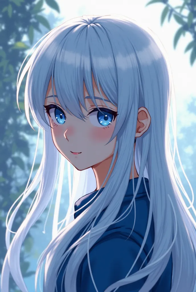 A boy anime character, white hair, long hair,  straight hair, blue eyes, beautiful, design,  Japanese anime .