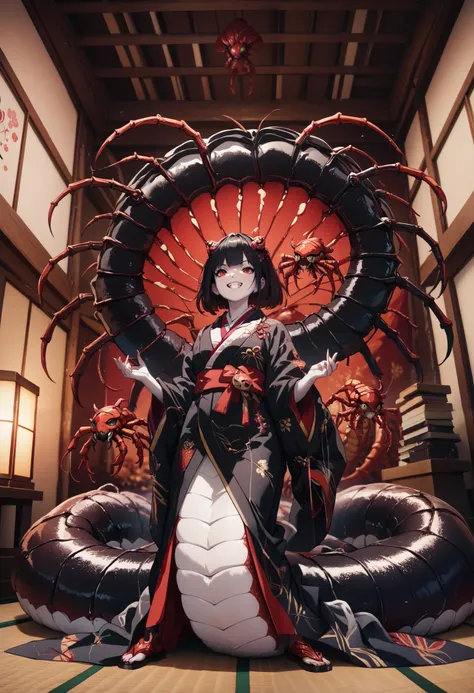 Lamia style girl. Fusion with a centipede. Black centipede body. Red insect legs. giant. Black costume. Japanese kimono dress. Red eyes. Black hair. Straight hair. Neat bangs. Grin. White skin. Japanese house. Indoors. look up.