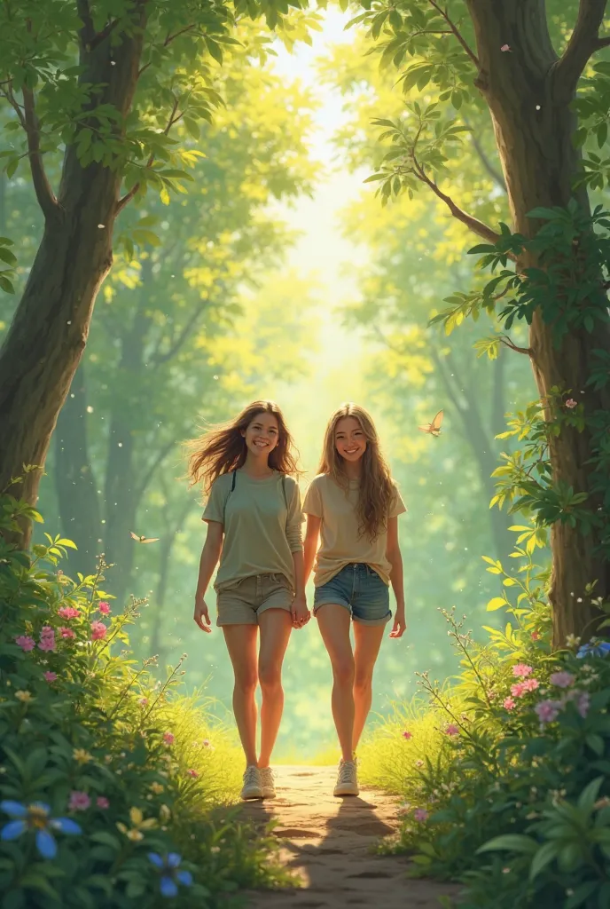 create the image of two friends walking and smiling in the forest and being both of the same sex