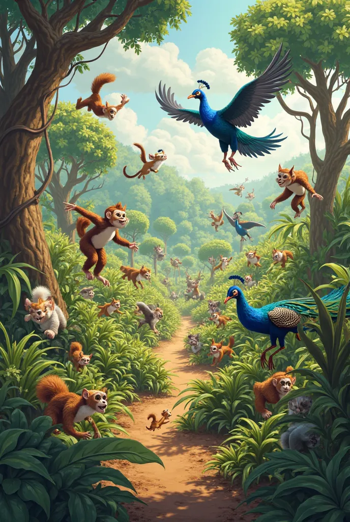 A flock of monkeys, squirrels, squirrels, and peacocks are eating the trees and destroying the crops.