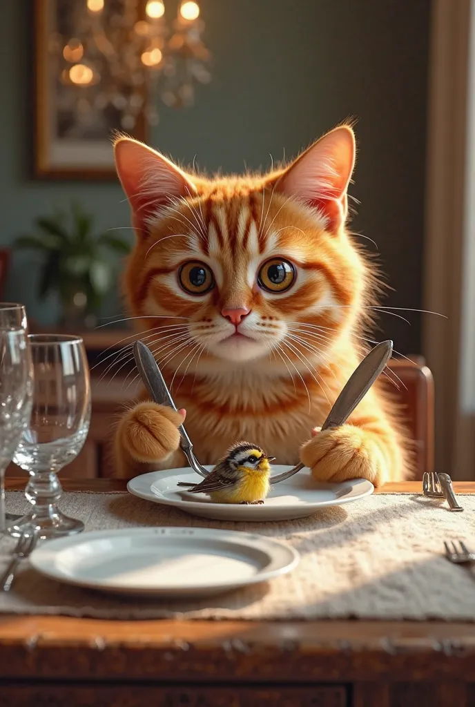 **"An extremely realistic and tense scene shows an orange cat with brown eyes and a detailed and vibrant coat sitting at the dining table, holding a fork in one leg and a knife in the other. Your amber eyes sparkle in the soft light of the environment, fix...