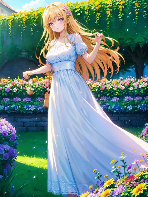 (((​masterpiece))),(((top-quality))),((ultra-detailliert)),(illustratio),((extremely delicate and beautiful)),,Bright smile,floating,Light brown hair,(Detailed light) (1 girl ),big breasts,solo, long hair,The wind is blowing,A WORLD,（cute eye:1.5）,Wavy Hai...