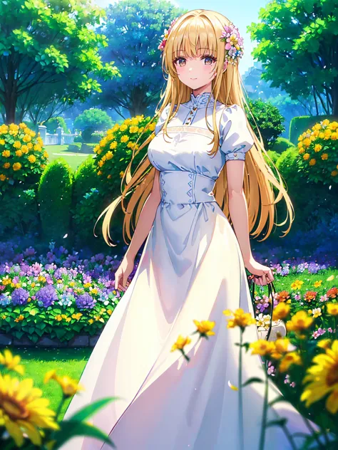 (((​masterpiece))),(((top-quality))),((ultra-detailliert)),(illustratio),((extremely delicate and beautiful)),,Bright smile,floating,Light brown hair,(Detailed light) (1 girl ),big breasts,solo, long hair,The wind is blowing,A WORLD,（cute eye:1.5）,Wavy Hai...