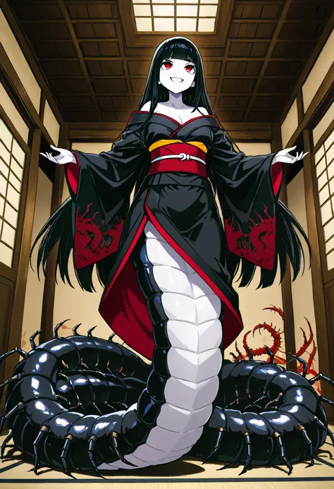 Lamia style girl. Fusion with a centipede. Black centipede body. Red insect legs. giant. Black costume. Japanese kimono dress. Red eyes. Black hair. Straight hair. Neat bangs. Grin. White skin. Japanese house. Indoors. look up.