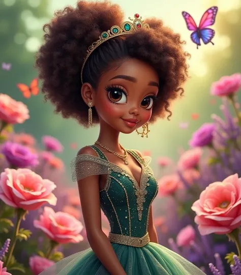 Create a 3D illustration in the funko Pop style,  women's fair skin, short brown afro hair with afro braid and tiara.  Funko pop with a short hollow-sleeve dress in silver and dark green with layers of transparent tulle with glitter.  And pink. Colorful ga...