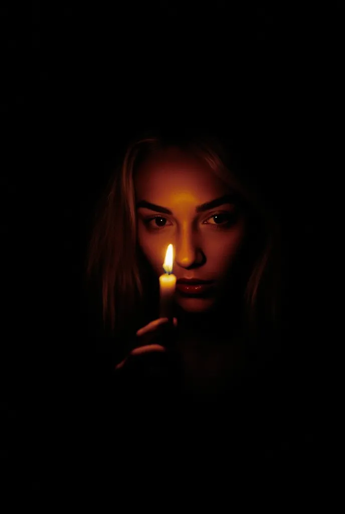 m1ch3ll3, A dark nighttime scene with dim lighting. At the center of the composition is a woman's face, barely illuminated by the warm glow of a burning candle. Deep shadows create an atmosphere of solitude and contemplation. Her eyes are slightly unfocuse...