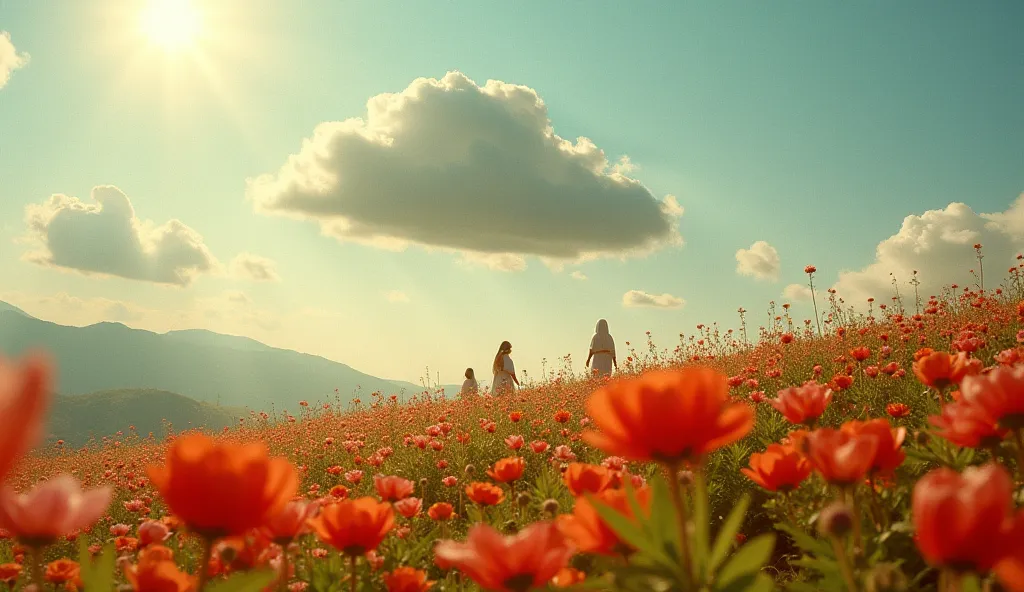 [High resolution surreal photography], [field of flowers in the clouds, surreal world, focus on bible sky], [people inhabiting that sky, people already living in heaven, people wearing white veils], [golden hour lighting casts a warm glow on the cloud, wit...