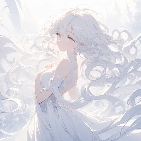 girls,  angel,  white hair, long curly hair, white eyes, white background,  full body view