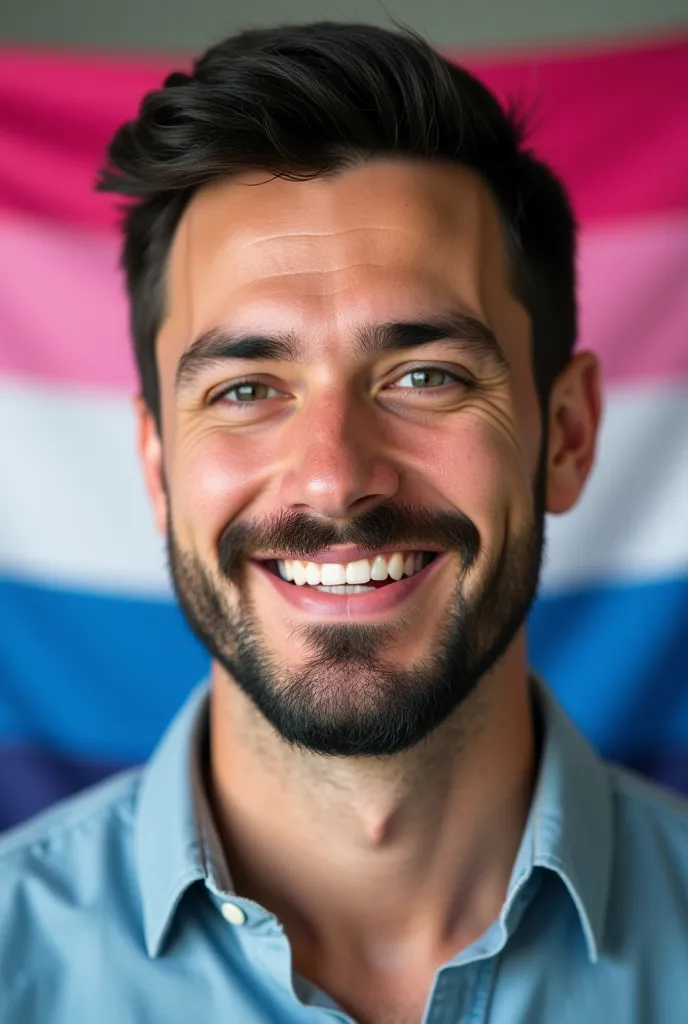 Une photo complet d'un homme de 30 ans avec une moustache et une barbe avec le drapeau de transgender 