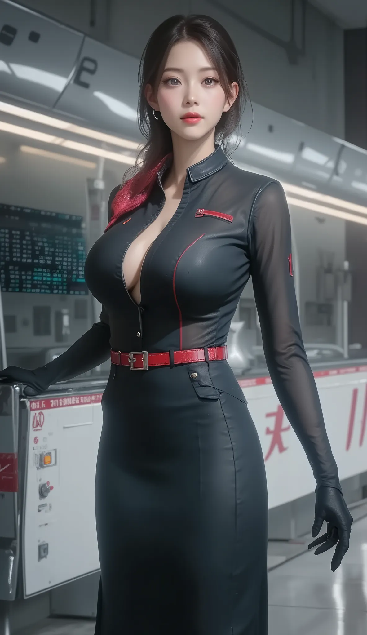 nsfw, .  very accurate, Absolute Deminal, masterpiece. Beautiful Female Flight Attendants Solo, white, confusion,   short hair, Obscene and Amazing Figures, big breasts, chest,  and  (Transparent uniform, nipples:1.8),   stretch pose.   Black Light Effects...