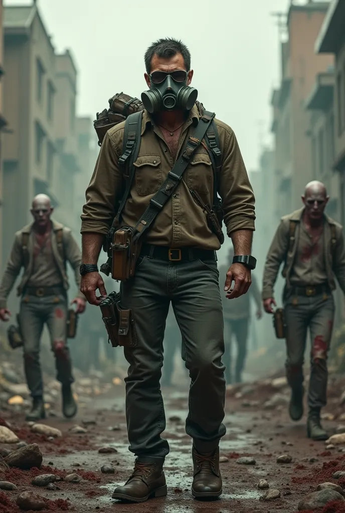 A man wearing a gas mask as a gunman has a shoulder bag in a fallen world full of zombies