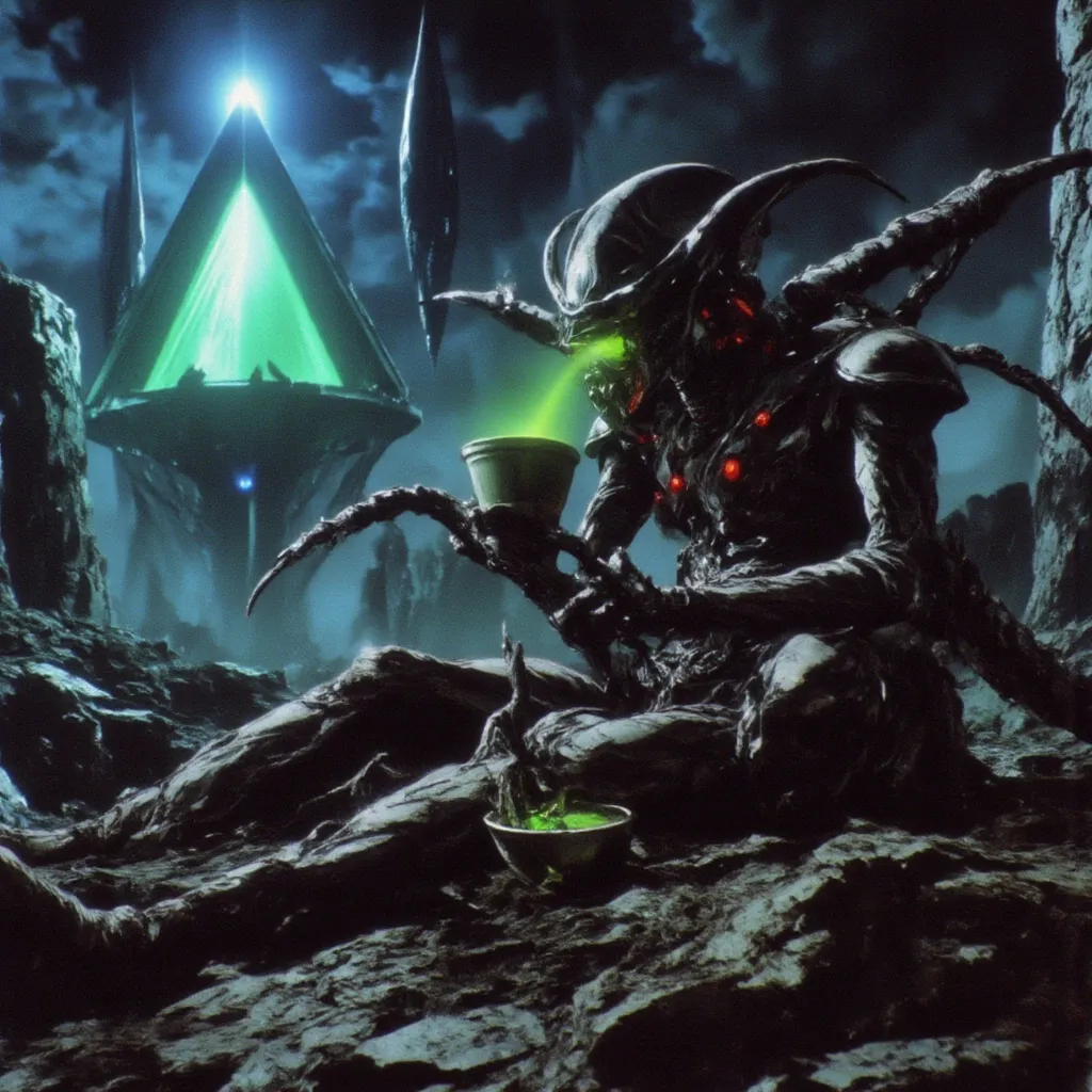 dvd screenshot of 1987 Dark Souls fantasy film, scene of a alien-robot drinking green atomic liquid from a cup, ships shaped like luminous pyramids in the sky, graindarkfantasy