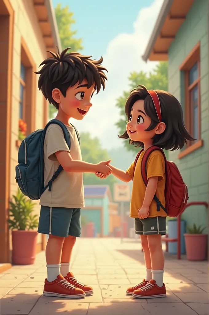 Isaac helping Senam up: A caring boy named Isaac, about the same age as Senam, is helping her up. He has a kind expression and is offering a hand to Senam. The school corridor or playground is still visible in the background.

