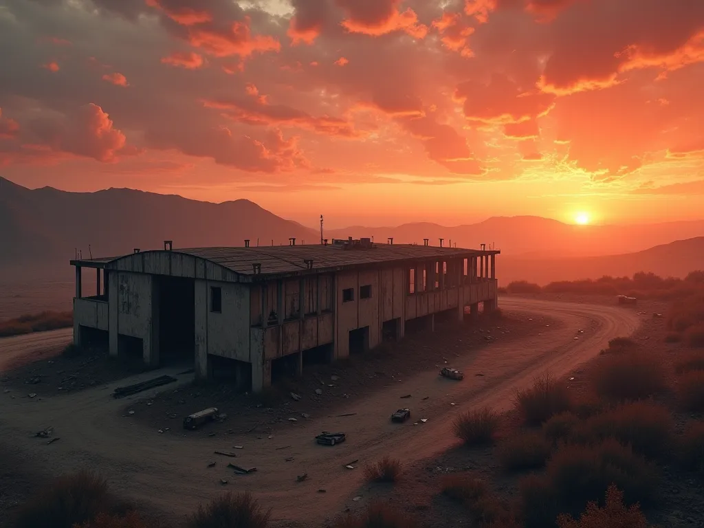 An aerial view of an abandoned warehouse in a desolate landscape. The sunset sky explodes with shades of orange and purple, contrasting with the eerie, forgotten structure below.