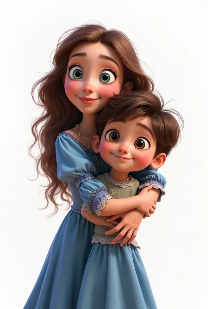 Recreate a photo in Pixar cartoons of a girl with long brown hair and blue and green eyes in a blue dress clutched in the arms of a brown boy with brown eyes with a white background and above that puts Disney PIXAR in black letters